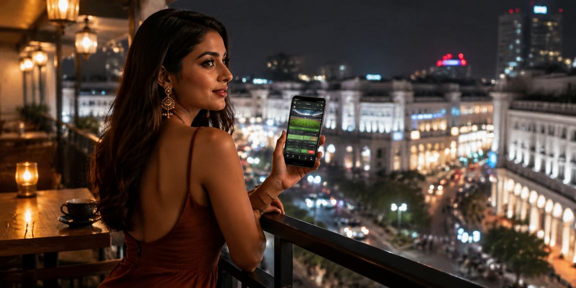 Smartphone showing live cricket betting odds in vibrant Delhi city setting