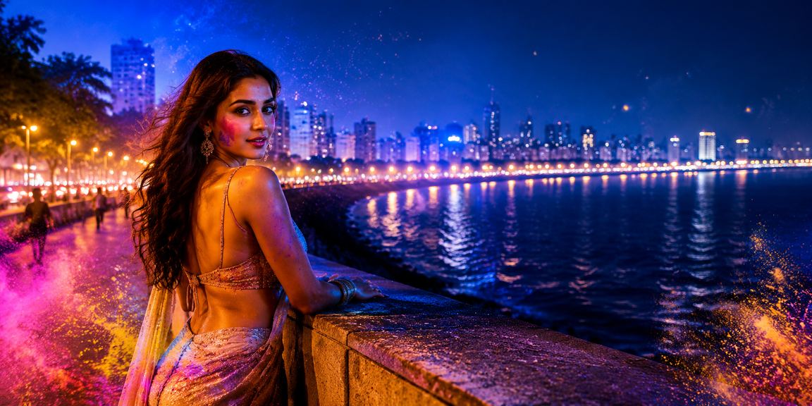 Mumbai Marine Drive casino and entertainment lights during Holi festival